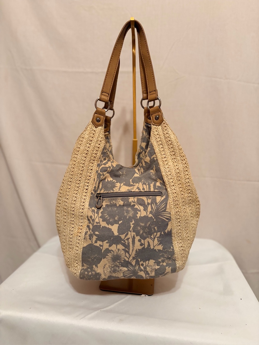 Sakroots Roma Shopper in a distinctive blue floral printed & natural straw panel